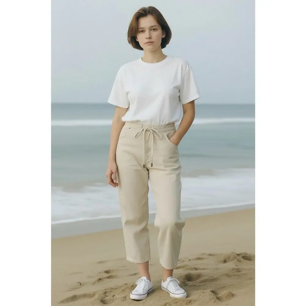 Banana Republic Pants Linen Cropped Drawstring Straight Cream Boho Beach size XL